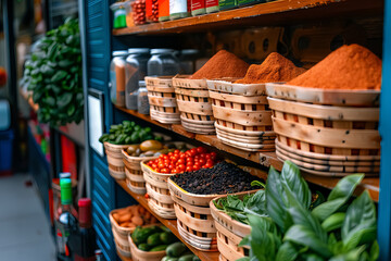A variety of fruits and vegetables are displayed in baskets on a shelf