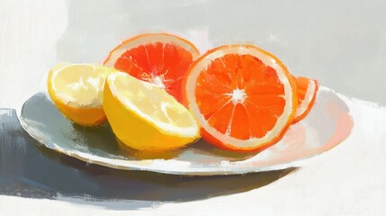 Close-up of sliced oranges and lemons on a plate, sunlight highlighting their juicy textures against a clean white background.