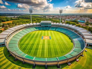 Empty Cricket Stadium, Aerial View, Top Down Shot, Cricket Ground, Pitch Perspective, Sports Field, Overhead View, Stadium Photography
