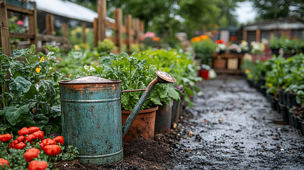 Heirloom vegetable garden featuring antique copper watering cans iron planters filled with soil with closeup of wooden trellises and compost piles