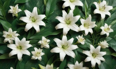 Minimalistic flat lay of white lilies and green leaves on a green patterned surface, stylish, decoration, minimal, basic