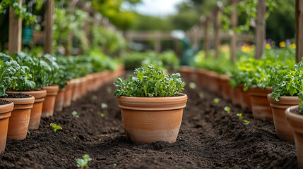 Heirloom vegetable garden antique ceramic planters filled with dark soil framed by wooden trellises and vintage watering cans in the background