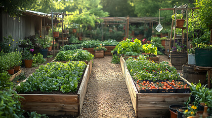 Raised beds filled soil compost and antique iron planters surrounded by vintage watering cans and wooden trellises lush vegetables growing in a peaceful garden