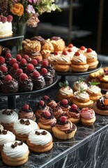 Colorful Pastries and Cakes Display in Elegant Bakery with Dark Chocolate Bonnets