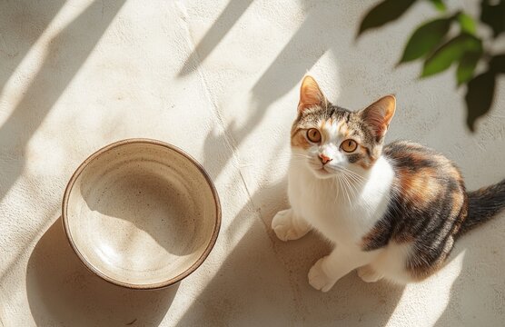 A cat sitting next to an empty bowl with stripes and fur