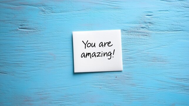 Inspirational note on blue wooden background with uplifting message