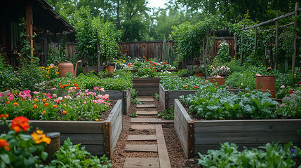 Raised garden beds brimming rich compost soil and heirloom vegetables surrounded by antique copper watering cans and wooden trellises covered in vines
