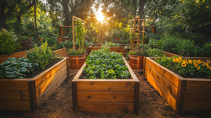 Raised garden beds filled soil antique copper planters compost piles and delicate wooden trellises supporting heirloom vegetables in a sunlit kitchen garden