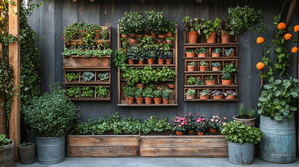 Raised garden beds filled soil and compost antique ceramic planters brimming with herbs vintage...
