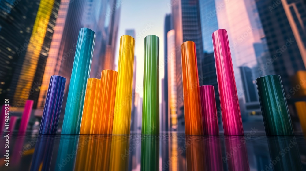 Poster colorful bar graph with skyscrapers in background during sunset