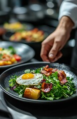 Chef plating elegant dish with salad, egg, and bacon