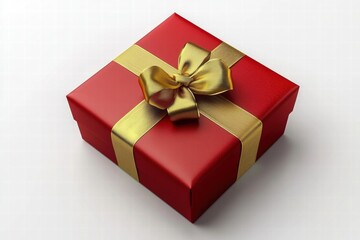 Bright Red Gift Box with Gold Ribbon and Bow on White Background