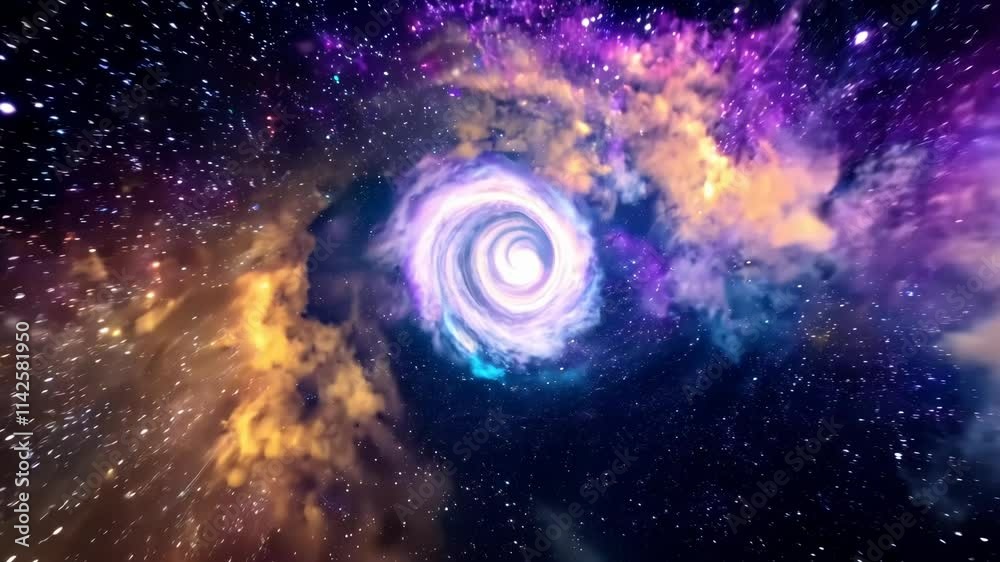 Poster flight through the galaxy with spreading nebula clouds, shiny stars and constellations