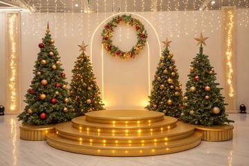 christmas tree and decorations Podium block for product placement,3d render