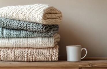 Soft cozy blankets and mug on wooden shelf