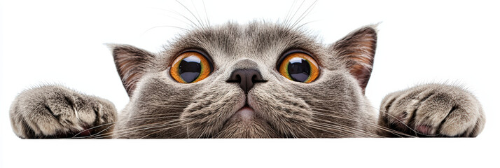 Curious cat with big eyes peeking over surface