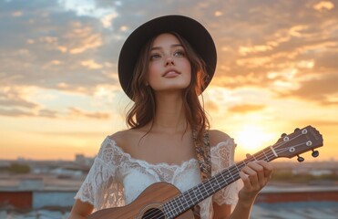 Fototapeta premium Young Woman in White Dress and Black Hat Playing Ukulele on Rooftop