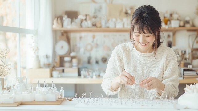 手作りアクセサリーに取り組む笑顔の女性
