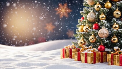 New Year's decoration with a Christmas tree and gifts