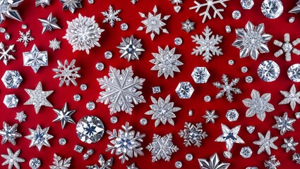 New Year's decorations in the form of snowflakes on a red background