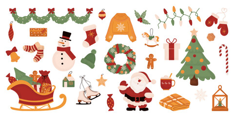 Large set of holiday Christmas design elements. Collection of beautiful decorative elements with Santa, presents, fur tree, wreaths