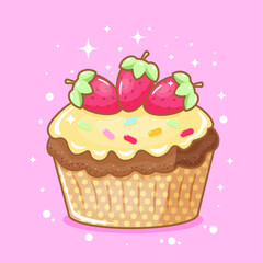 Vector design of a cupcake with strawberries and colored sprinkles