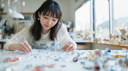 Fototapeta premium ハンドメイド教室でアクセサリーを作る女性