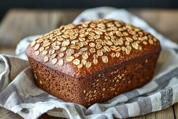 Freshly baked whole grain bread with oat topping on a linen cloth in a cozy kitchen setting
