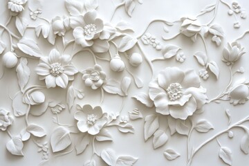 White embossed floral wall decor with flowers, leaves, and vines.