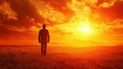 Obraz premium Silhouette of a man in a suit against a vibrant sunset landscape.