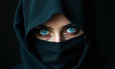 Striking blue eyes black niqab dramatic lighting intense