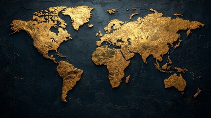 Golden and black world map on a dark background, showcasing an elegant and modern design with gold continents and black oceans, symbolizing global connectivity, luxury, and travel exploration.