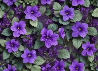 Seamless pattern of violet flowers and leaves, decorative, garden, background