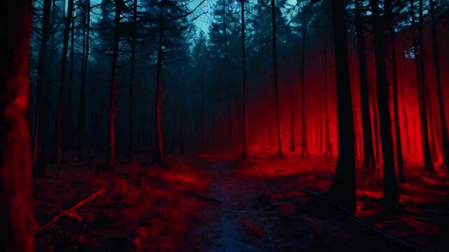 horror forest scene, red light in scary night landscape, 4k High-Quality Wallpaper Background Animation Video