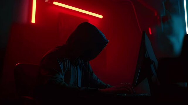 A hooded figure typing at a computer in a dimly lit room with red and blue lighting.