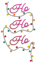 Christmas card with colorful Christmas lamps, Ho Ho Ho.