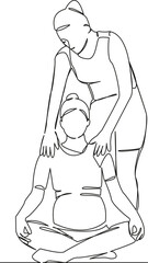 One continuous single drawing line art flat doodle Yoga instructor doing lotus pose to pregnant woman, sport pregnancy, stretching. Isolated image hand draw contour on a white background, hand drawn, 