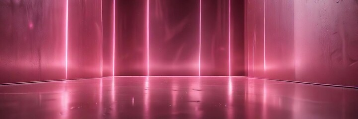Shimmering pink lights reflecting off a metallic surface in an abstract setting, sleek, futuristic, reflection