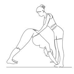 One continuous single drawing line art flat doodle Yoga instructor doing  shvanasana pose for pregnant woman, pregnancy, stretching. Isolated image hand draw contour on a white background, hand drawn,