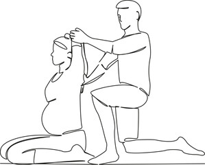 One continuous single drawing line art flat doodle Yoga instructor doing gomukhasana to pregnant woman, yoga, sport pregnancy, trainer. Isolated image hand draw contour on a white background, hand dra