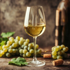 glass of white wine sits elegantly beside fresh green grapes and corks, creating warm and inviting atmosphere perfect for gathering or celebration