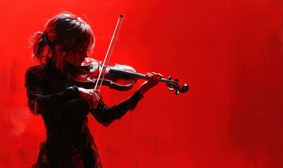 Fototapeta premium Woman playing violin on a red background, abstract painting