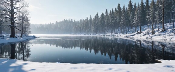 Fototapeta premium Snowy forest backdrop to a frozen lake on a clear winter day, winter season, icy stillness