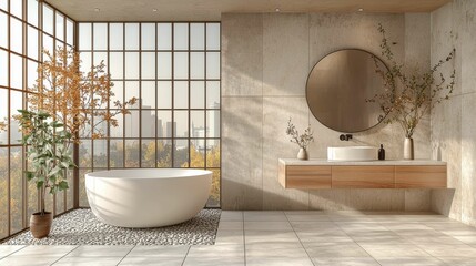 A serene bathroom showcasing a large round mirror, a modern freestanding tub, and natural decor elements. Light fills the space from expansive windows.