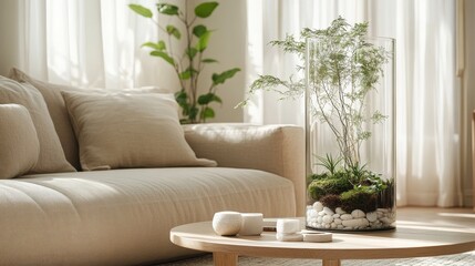 Scandinavian-inspired living room with minimalist design, featuring a cylindrical glass terrarium with moss, air plants, driftwood, soft greenery accents, light wood furniture, and natural sunlight.
