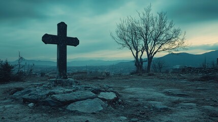 A haunting landscape featuring a stone cross and a bare tree under a moody sky.
