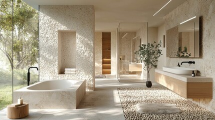 A serene bathroom showcasing a minimalist design with natural stone textures, clean lines, and neutral tones. Emphasizes tranquility and modern aesthetics.