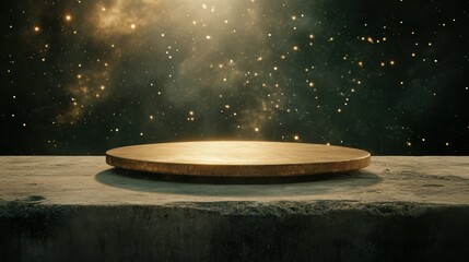 A glowing round platform sits against a starry cosmic background, creating a mystical atmosphere, Ideal for promotional materials, presentations, or showcasing products with a celestial theme,