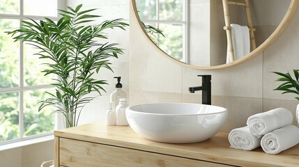 A serene Scandinavian bathroom with a round mirror, natural wood vanity, white bowl sink, and lush greenery. A clean, minimalist aesthetic exudes tranquility.