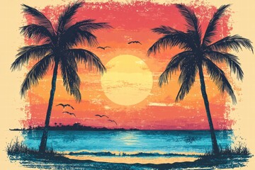 Serene Sunset Over Calm Ocean with Palm Trees Silhouette